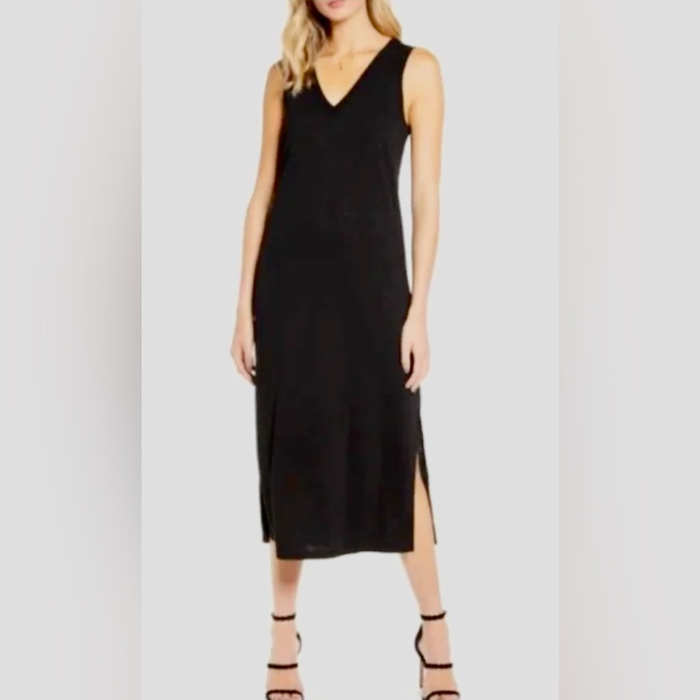 Magaschoni Ribbed Sleeveless V-Neck Sweater Midi Tank Dress In Black Size M